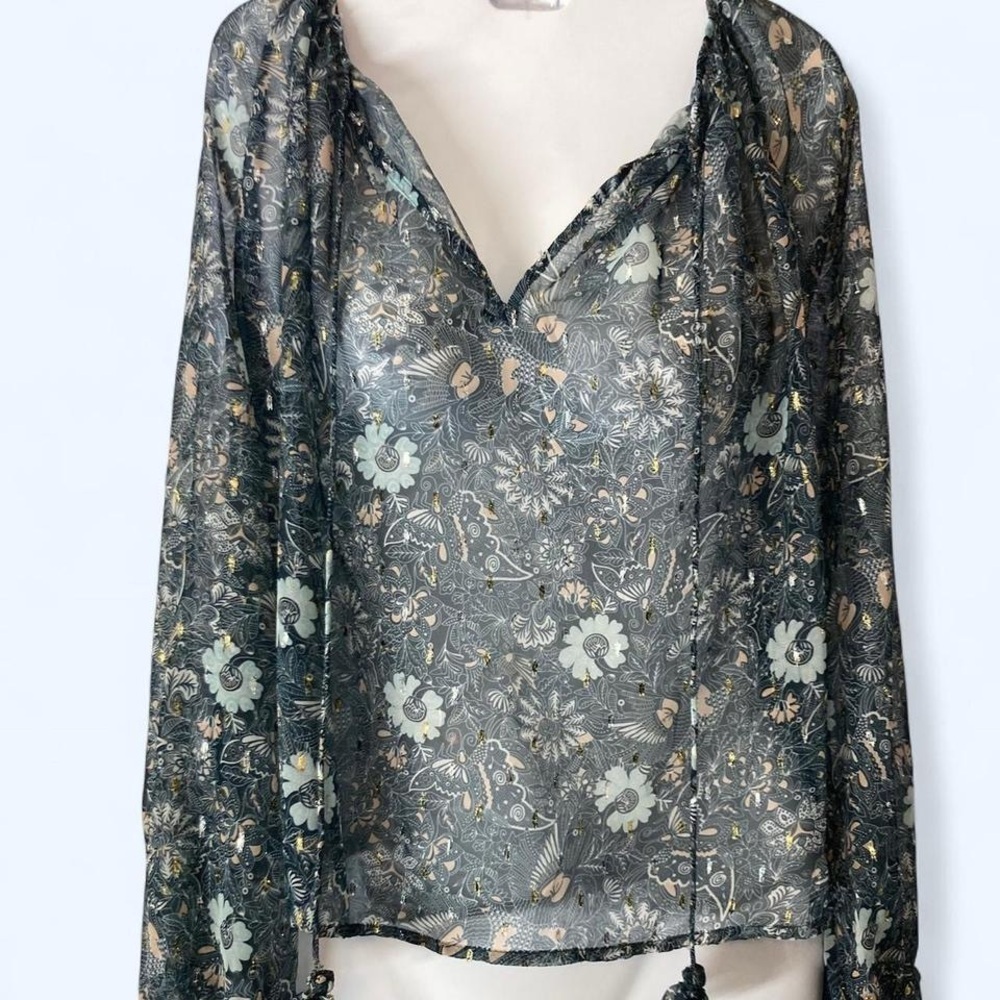 Anthropologie Letmebe sheer, boho-chic grey & blue floral blouse w tassels XS